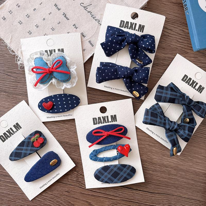 High Quality Korean Sweet Academic Hair Clip Navy Plaid Bow BB Clip for Girls Versatile Side Clamp with Polka Dots