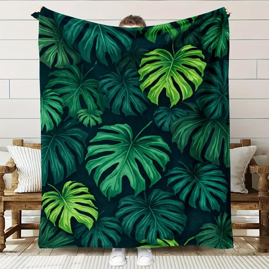 Tropical Rainforest Fleece Blanket - Soft Breathable All-Season Bedspread with Monstera Leaf Pattern, Green & Dark Green Tropica 75X95CM