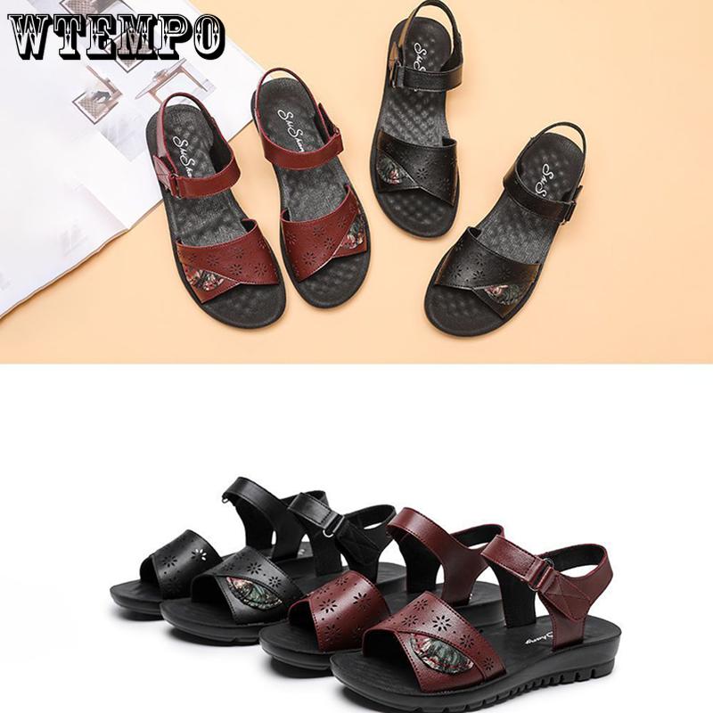 Damensandalen aus Leder mit weicher Sohle, Mama-Schuhe, Sommermode, bequeme Schuhe, flache, rutschfeste Sandalen mit dicker Sohle, mittleres Alter, PU-Material