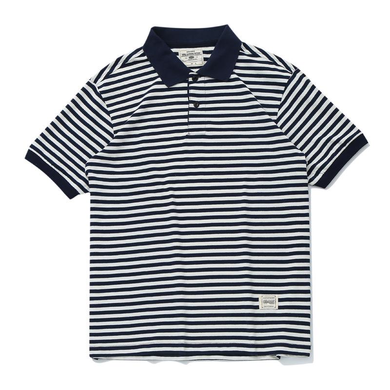 Vintage Sailor Striped Cotton Polo Shirt for Men - Summer Short Sleeve Turn-Down Collar