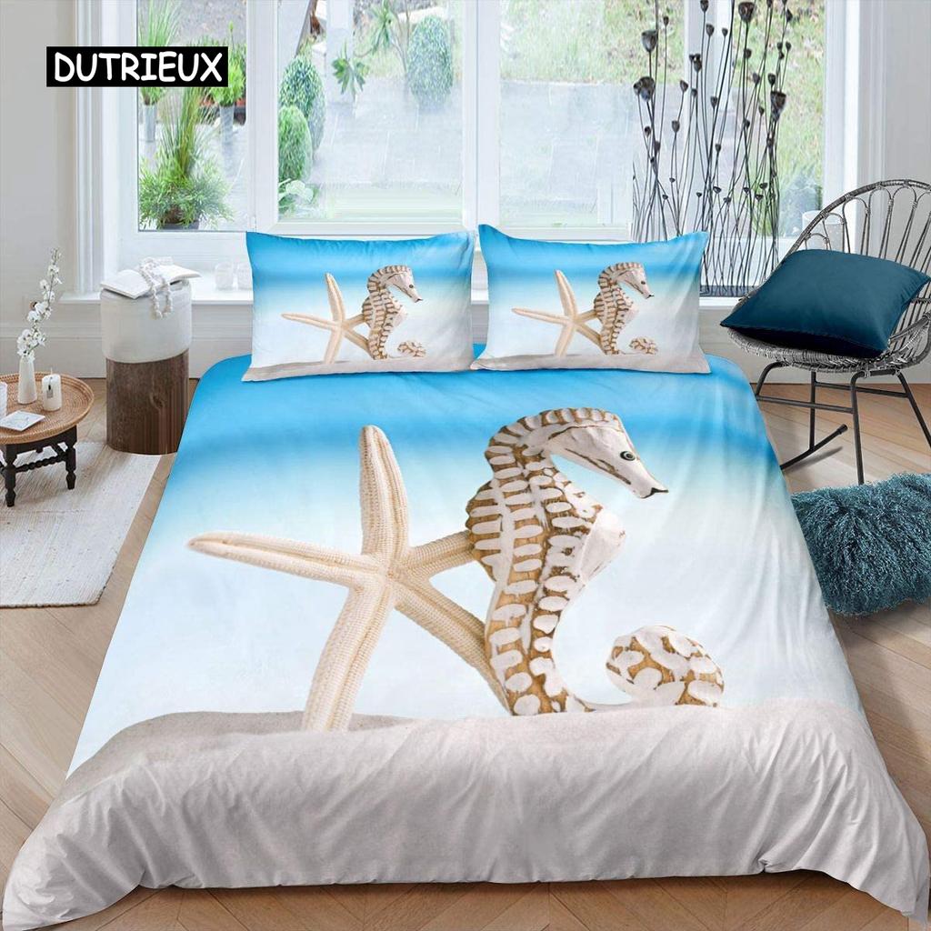 Starfish Duvet Cover Set Summer Beach Seashell Starfish Twin Bedding Set Polyester Hawaiian Tropical Nature Sea King Quilt Cover