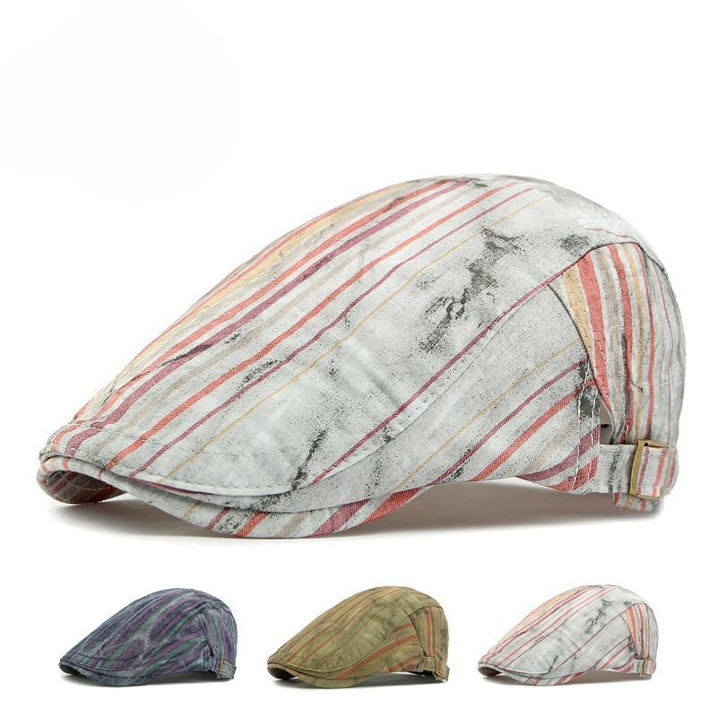 2025 New Distressed Striped Flat Cap for Men Women Individual Graffiti Ink Mark Beret British Retro Newsboy Hat Breathable Summer Cabbie Hat