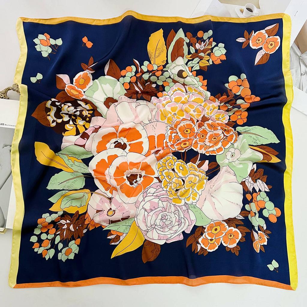Elegant Purple Flower-Printed Silk Scarf Women Satin Neckerchief Versatile Headwear Bag Clothing And Accessories Square Scarf