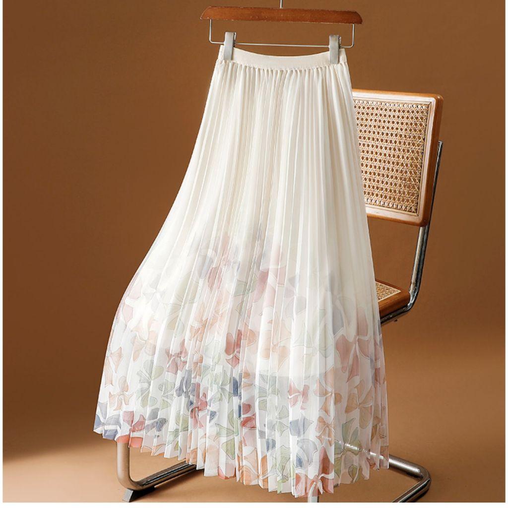 

Жіноча ніжна довга плісирована спідниця з тюлю з принтом і великою гойдалкою. Мила сітчаста спідниця-трапеція з квітковою талією. One Size бежевий