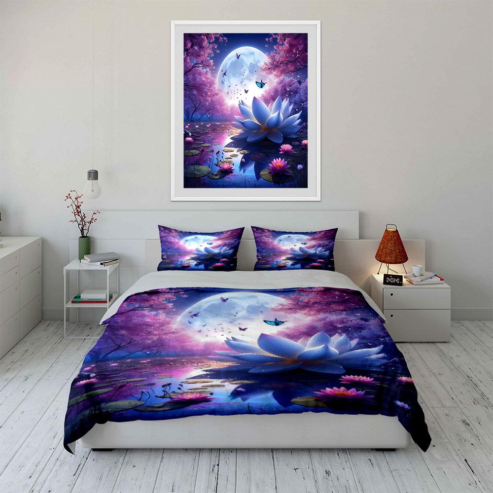 Moonlight Lotus Floral Decor Set Bedding Set with 1 Duvet Cover 2 Pillowcases Single Double King Queen Gift