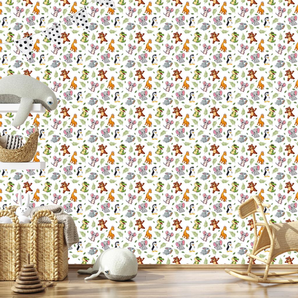 Animals wallpaper white, light gray and lime 50x1000