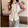 Women's Slim-Fit Raglan Double Zipper Hoodie, Spliced Design with Baby Fleece, Fleece-Lined for Autumn and Winter, Salt-Style Top.