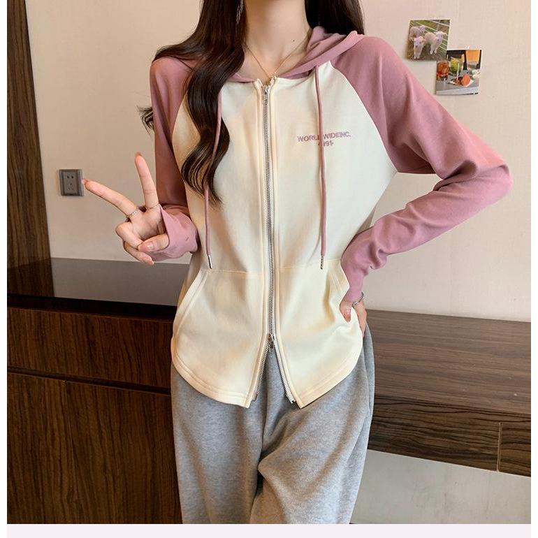 Women's Slim-Fit Raglan Double Zipper Hoodie, Spliced Design with Baby Fleece, Fleece-Lined for Autumn and Winter, Salt-Style Top.