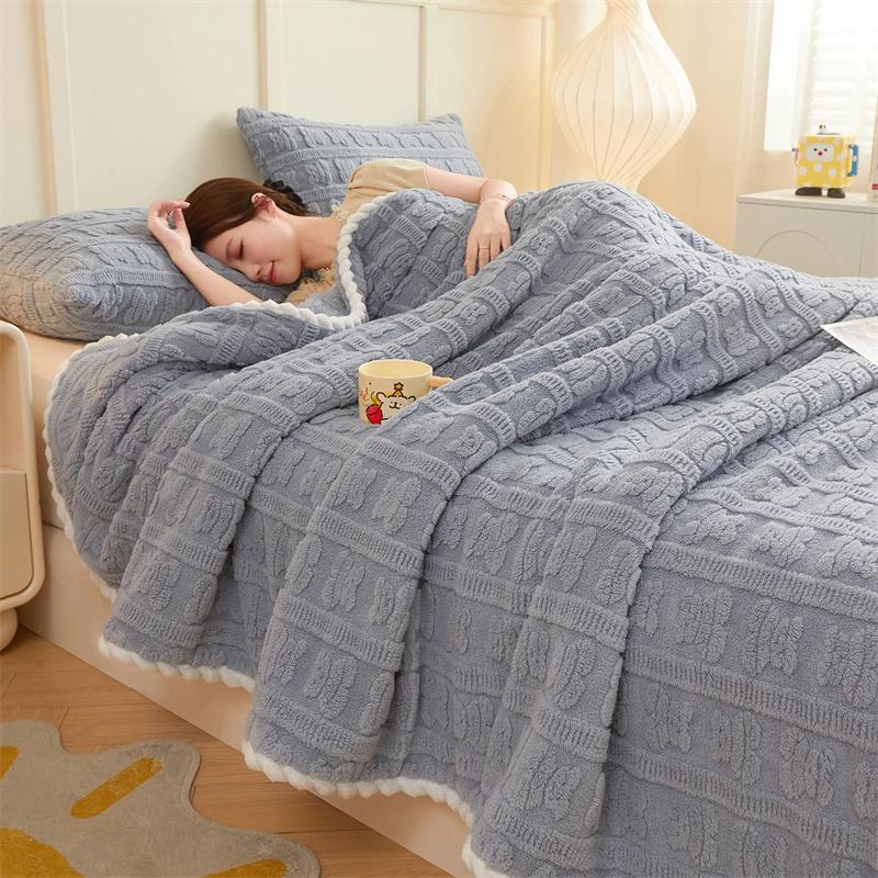 Thickened Coral Fleece Bed Blankets for Winter Warm Soft Imitation Lambs Wool Jacquard Blankets for Bedroom Sleeping Sofa Throw