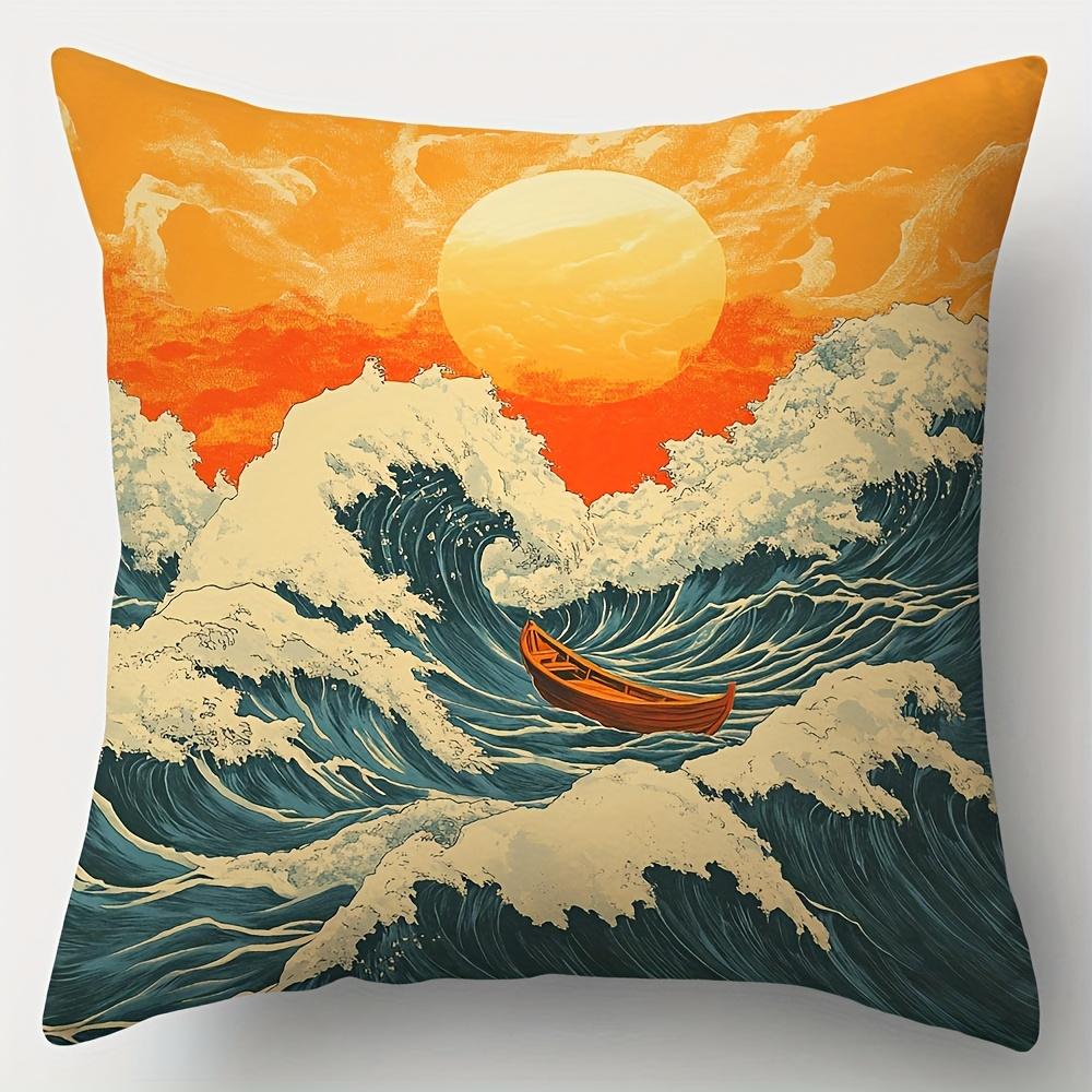 4Pcs, Printed Pillowcase, Ocean Theme, Patterns Include Waves, Sun, Goldfish, Whale, Suitable For Holiday Parties, Daily Gatheri