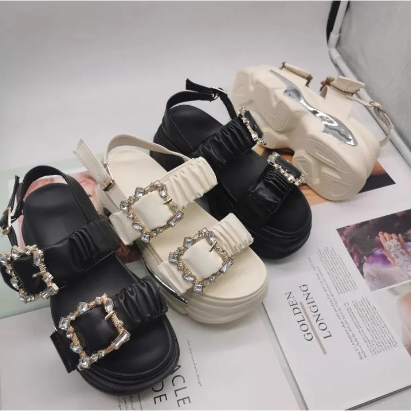 Female Sandal High Heels Black Shoes for Women Muffins Shoe Buckle Strap 2025 Summer Open Toe Girls Rhinestone High-heeled Beige