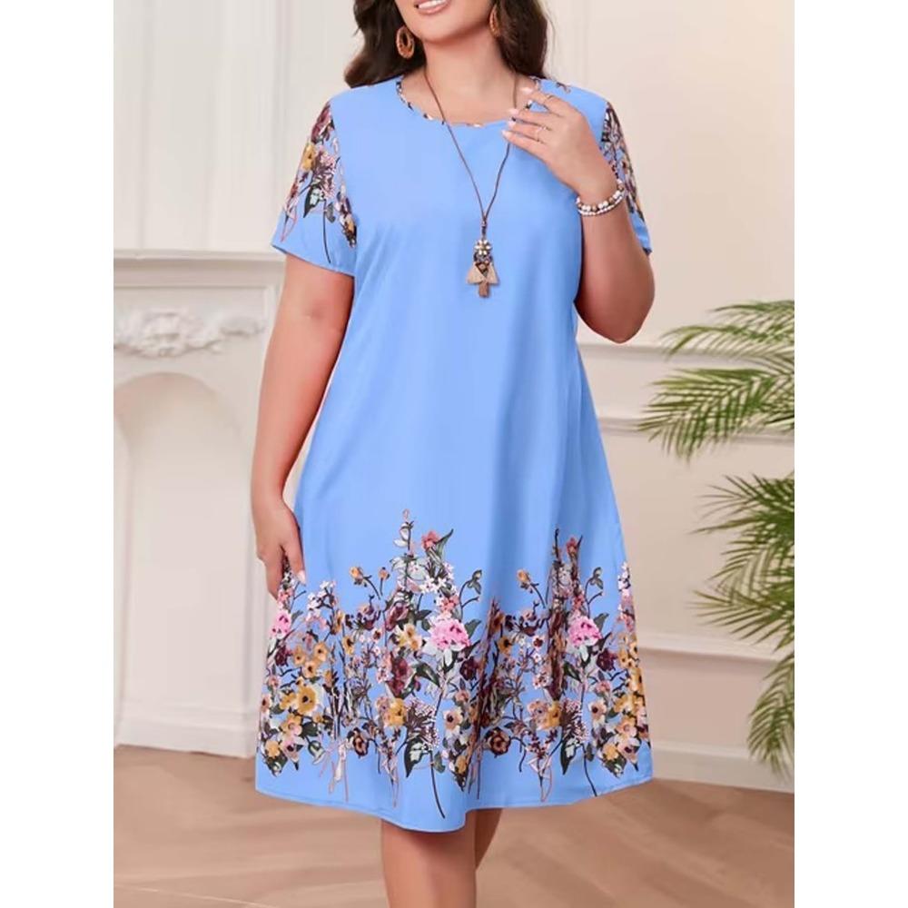 Big Size Women's Dress 3D Vintage Floral Summer Short Sleeve round Neck Casual Dress