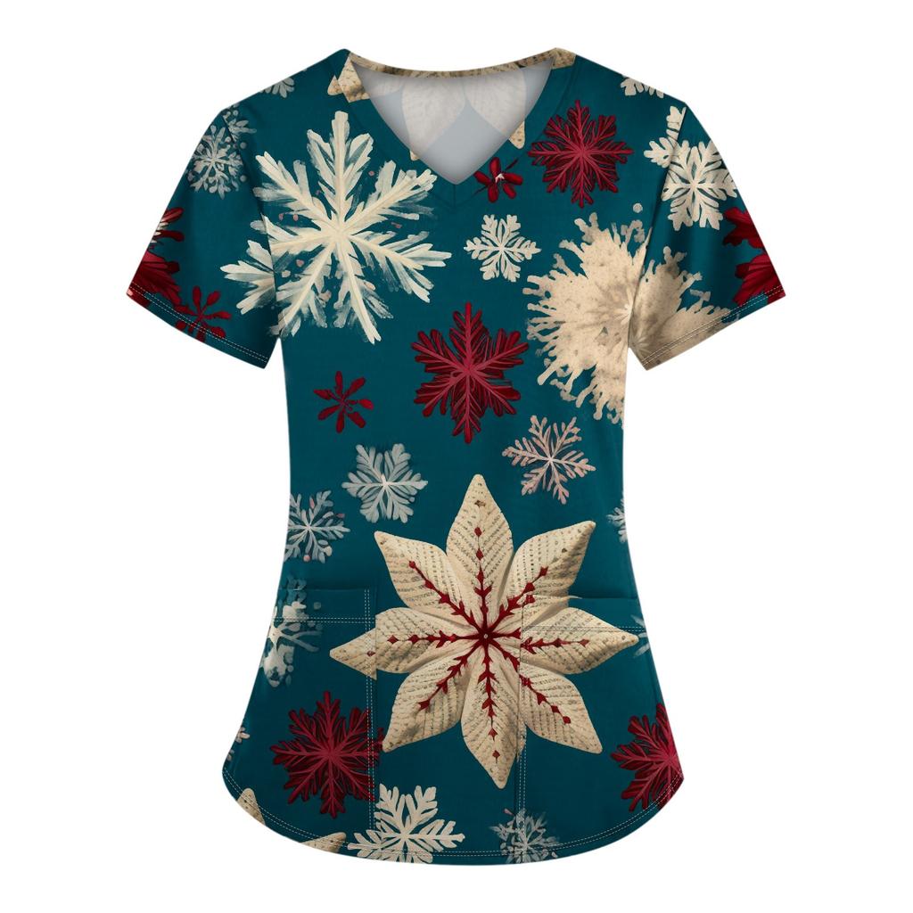 Women's Christmas Printed  Uniform Work Uniform V Neck Pocket Protective Uniform