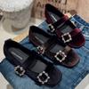 French Women Retro Velvet Flat Shoes Versatile Buckle Mary Jane Shoes 2026 New Woman Soft Sole Shallow  Rhinestone Ballet Shoe