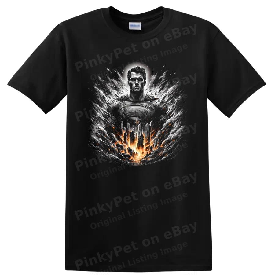 Superhero T Shirt w/ Superman Emblem Fiery City Storm Graphic Tee Art Design