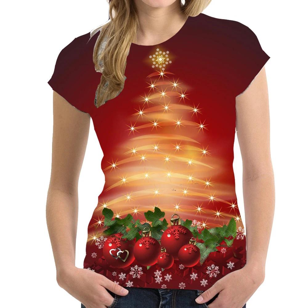 Summer Round Neck 3D Christmas Tree Pattern Print Top Fashionable Casual Short Sleeved Women's T-shirts
