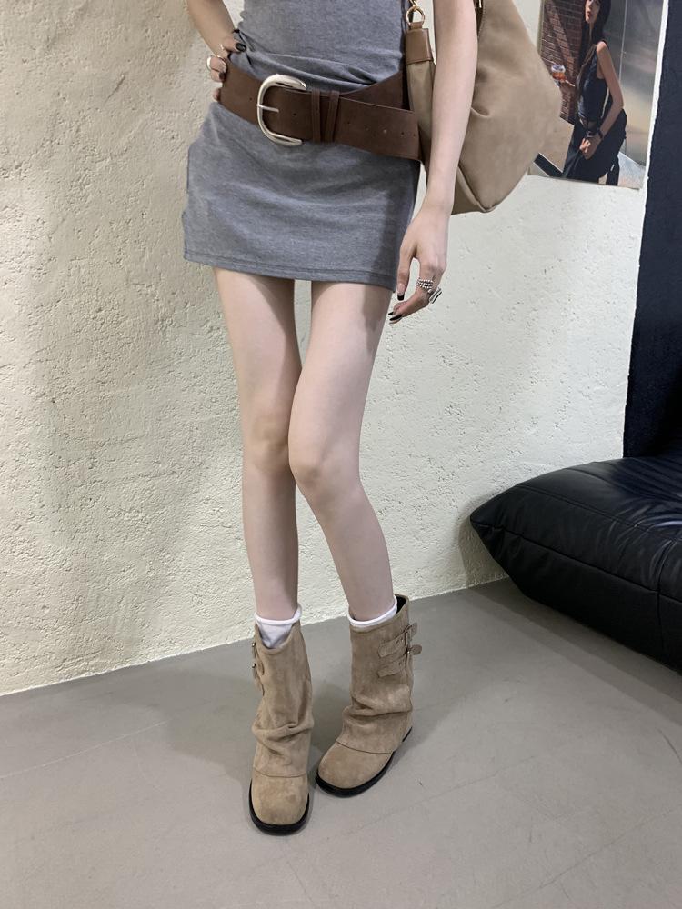 Coarse Heel Trousers Black with Skirt Martin Boots Women's Shoes 2025 New Brown Maillard Short Boots Spring and Autumn Single Boots