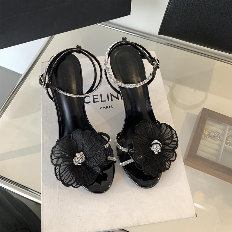 Fashion 2025 New Leisure Rhinestone Square Buckle Baotou Extra Wide Hollow Sandals Pointed Head High Heel Single Shoes Women