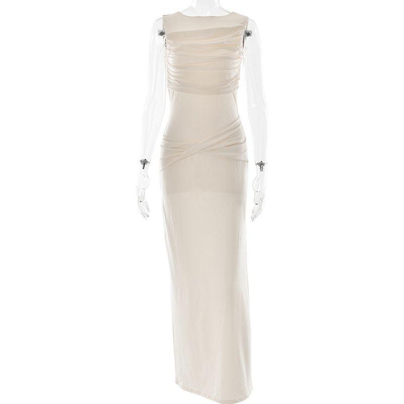 2025 Amazon Foreign Trade New Summer Round Neck Backless Dress Fashionable Sleeveless Pleated Slit Slim Long Dress Beige M