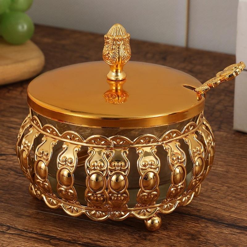 European Style Sugar Bowl Seasoning Jar,Hollowed-Out Alloy With lid,Coffee Beans Container,Cream Storage Pots,Kitchen Tools