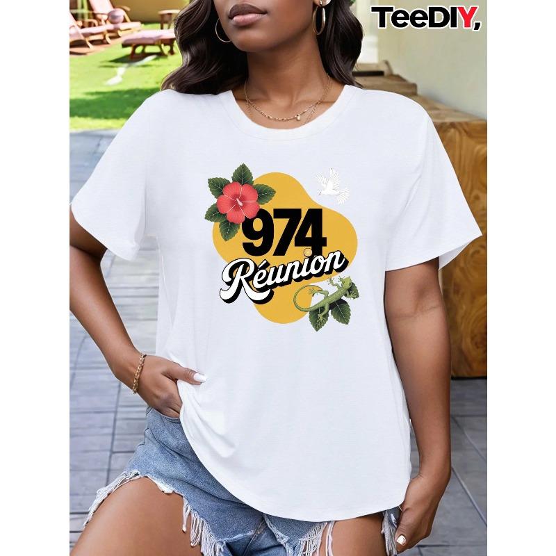 

Women s Citrus & Hibiscus Print T-Shirt - Hawaiian-Inspired Short Sleeve Top Number Design, Relaxed Fit Casual Tee for Beachwear S белый