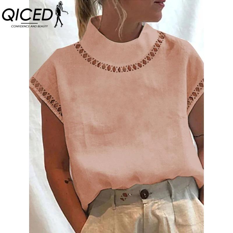 QICED Women's Fashion Casual Solid Color Print Short Sleeve Blouses & Shirts