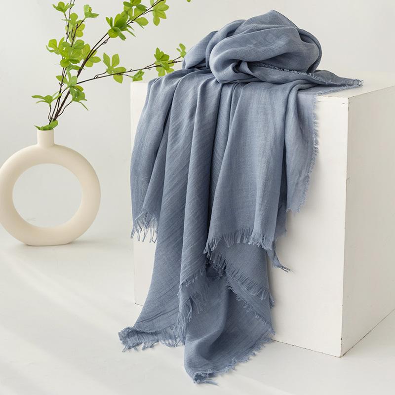 Gray Cotton and Linen Silk Scarf Solid Color Japanese Beach Silk Scarf Long High-end Shawl Retro Raw Edge Gauze Scarf