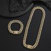 Iced Out Full Paved Rhinestone Cuban Link Chain Necklace Bracelet Set Silver Plated Hip Hop Jewelry with Secure Box Clasp for Men Women Street Fashion