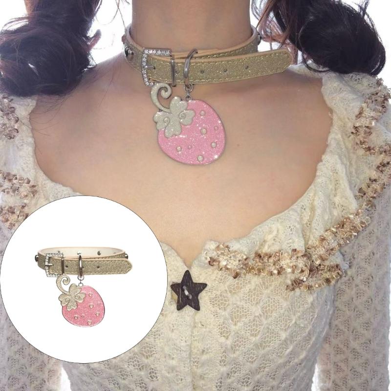 Strawberry Shaped Leather Collar Necklace With Sparkling Rhinestones For Casual Party And Street Fashion Fashion Accessories