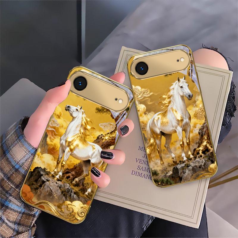 Tall and Sturdy Horse For IPhone 17Pro Max 16 17 Pro 15 Pro 14 13 Plus 12 Mini 11Pro Max XR 16E 17 Air Golden Glass Phone Case