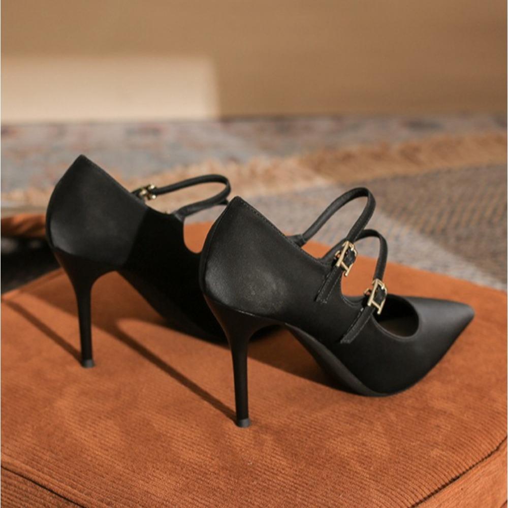 High Heels Women's Autumn and Summer Thin Heels Pointed Buckle High Heel Pumps New Retro Double Row One-word Belt Women's Shoes