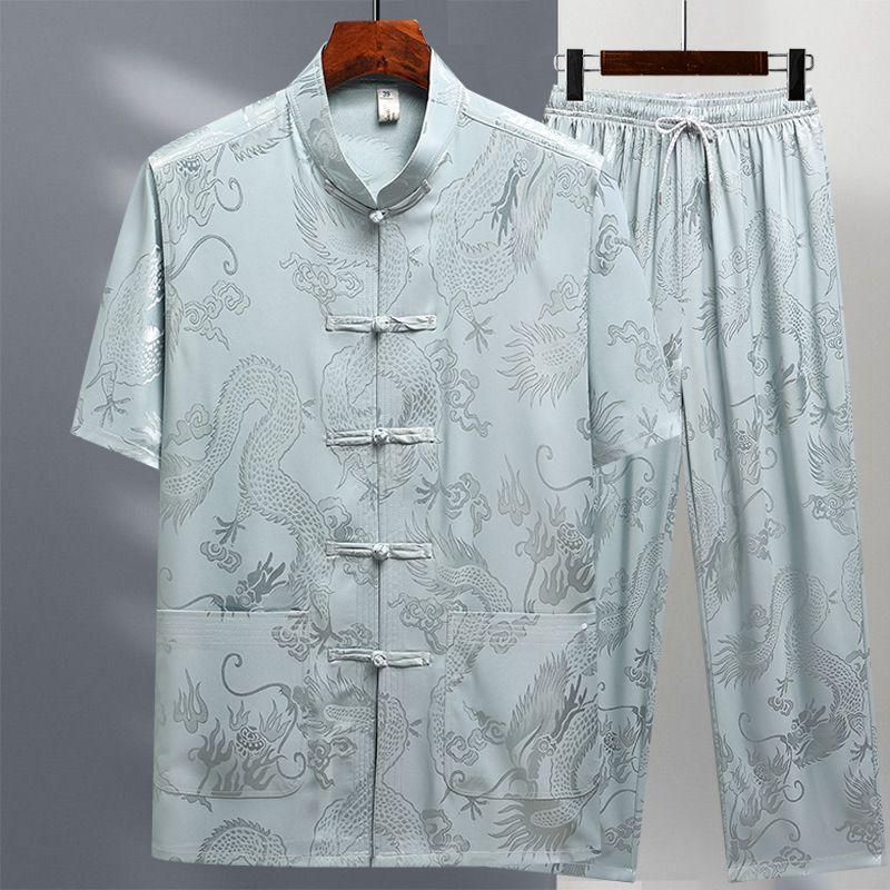 Hemden + Hosen Sommer Langarm Sportbekleidung Herren Freizeit-Sets Mann Chinesischer Stil Herrenhemden und Hosen