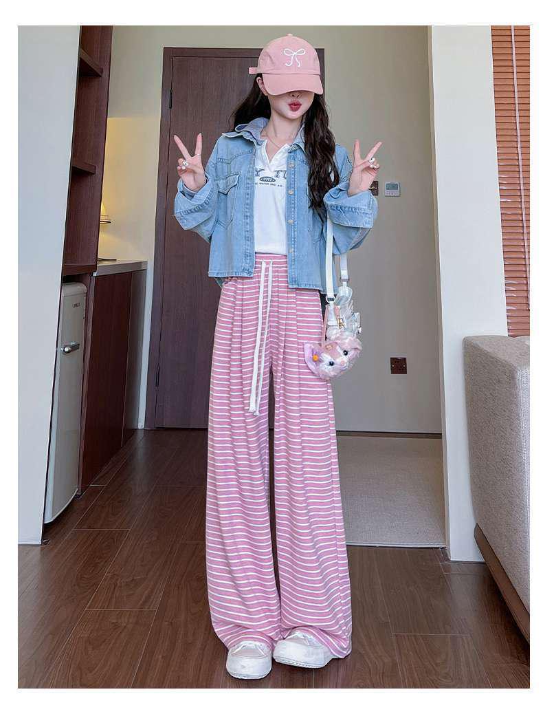 Spring Women s Striped Relaxed Fit Micro Flare Wide-Leg Lace-up Drape Pants Medium розовый