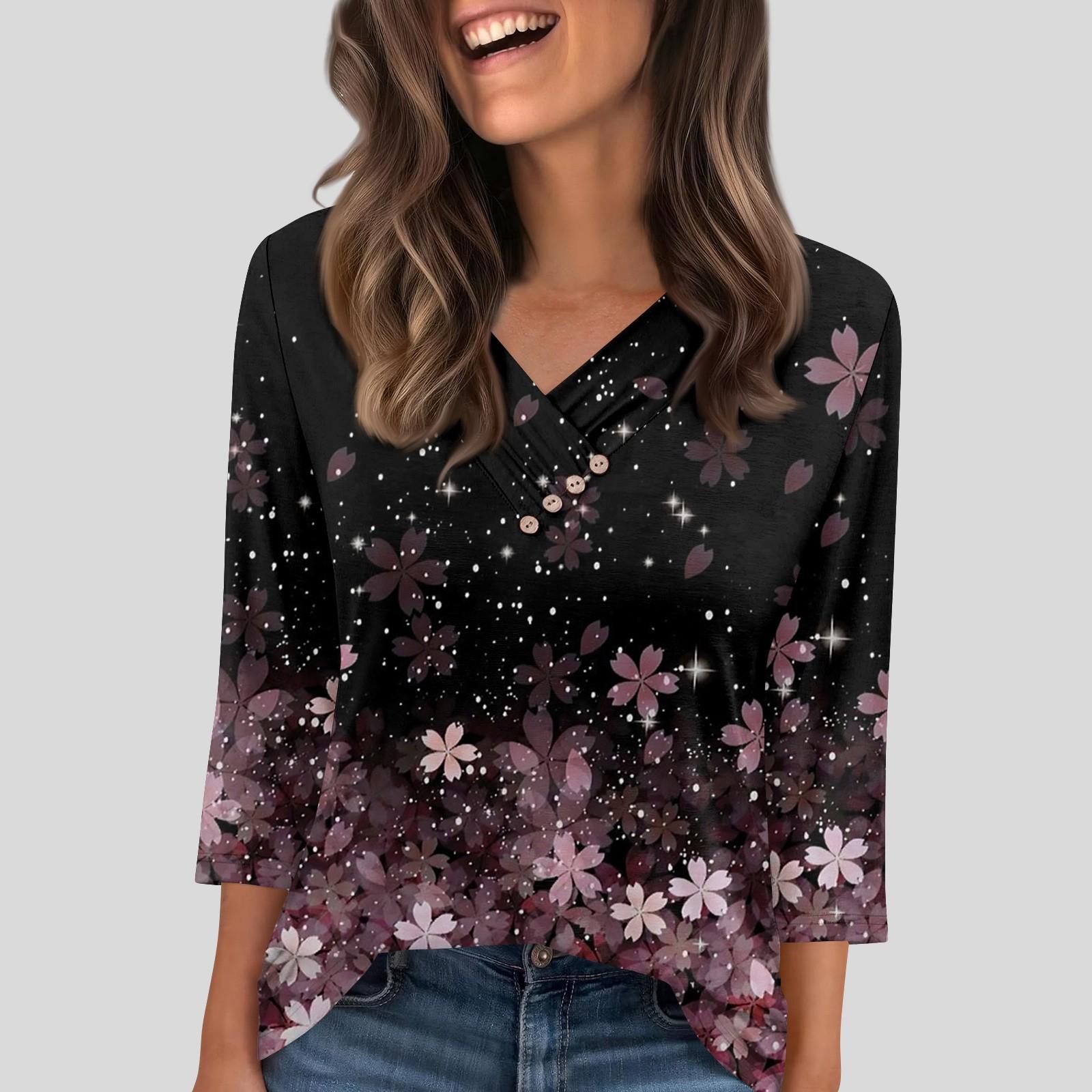 

Женская футболка, футболка, пуговица, рукав 3/4, туника, повседневная, для выходных, модная, базовая, с V-образным вырезом, обычный топ XL фиолетовый