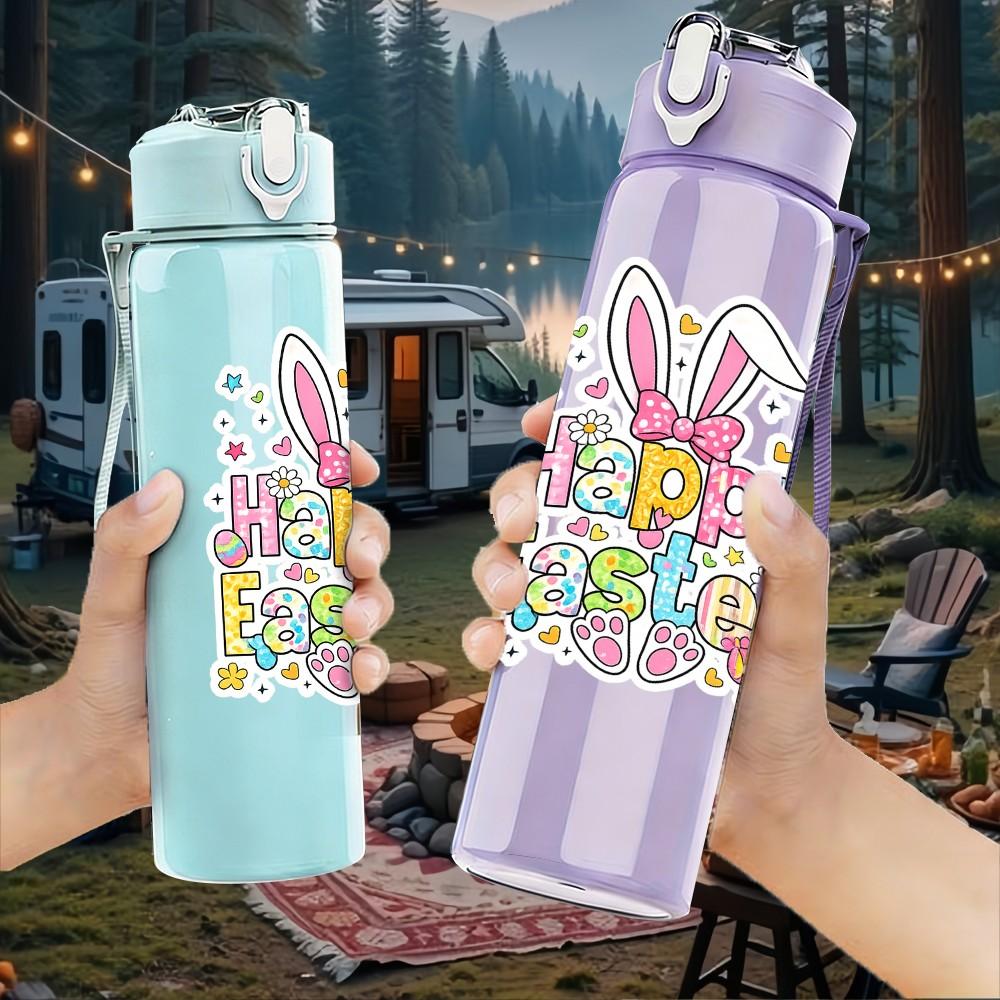 1PC Happy Easter Doodle Letter Print 750ml Color Plastic Sports Water Bottle Leakproof Flip Straw Lid Suitable for Sports Office Home Use