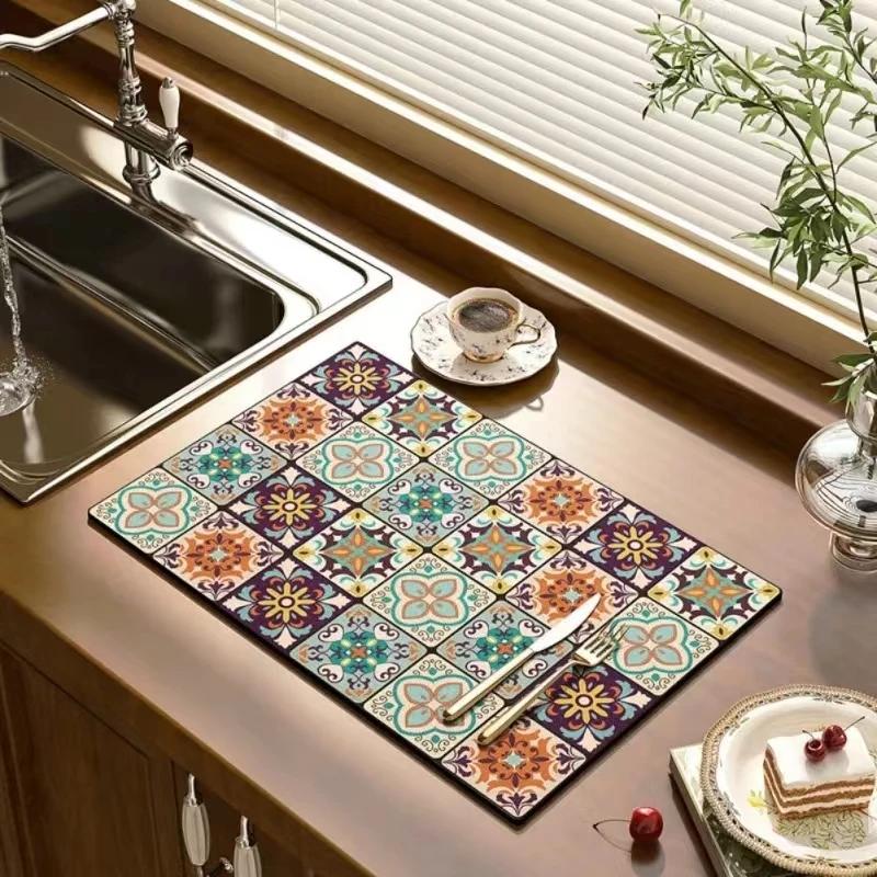 Black Marbling Super Absorbent Tableware Dish Drying Mat Kitchen Bottle Anti-slip Rug Luxury Kettle Dinnerware Bar Counte