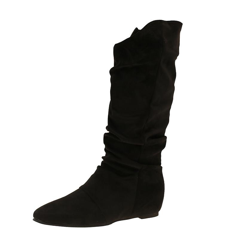 Inner heightening suede pleated stacking boots women's 2025 autumn and winter new pointed western cowboy boots lapel mid boots women