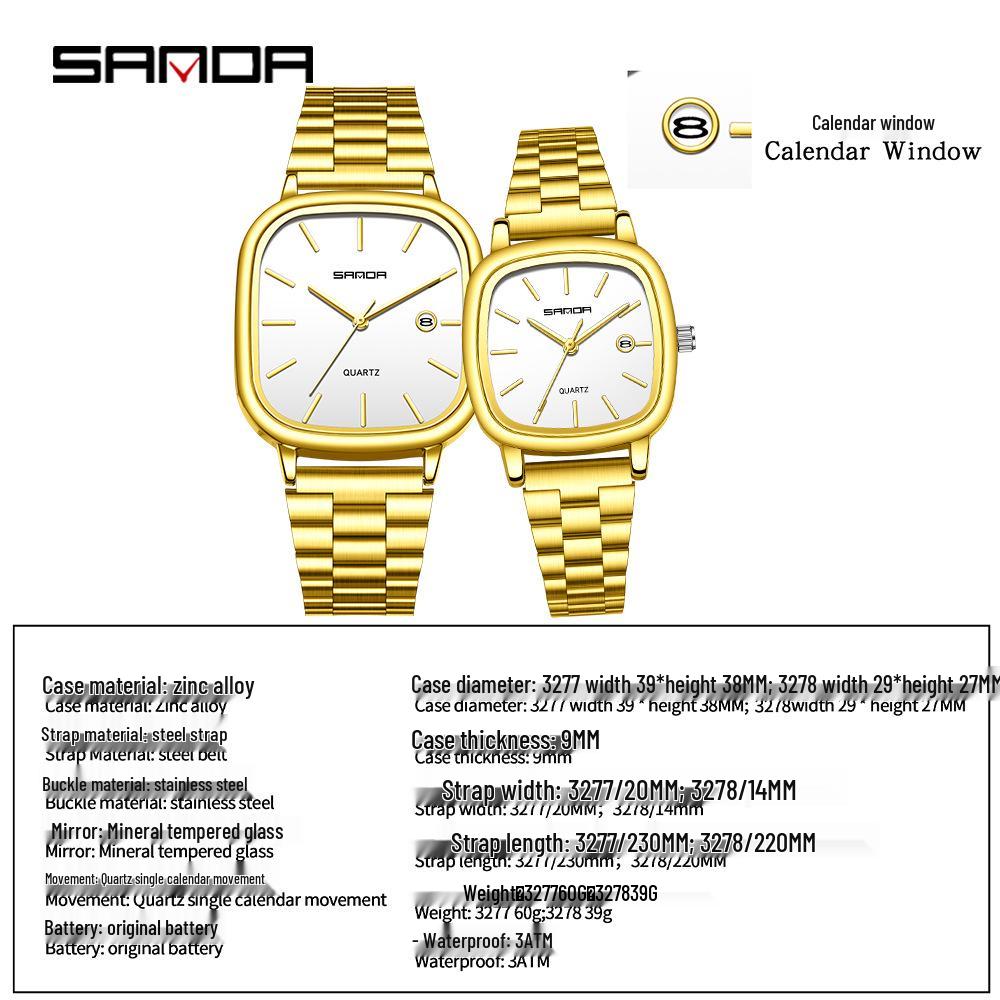 Retro Light Luxury Gold Square Watch with Large Dial and Calendar - High-Value Steel Band for Couples
