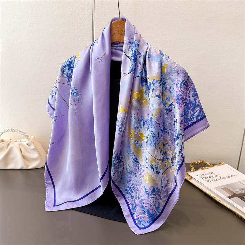 Lavender Imitation Silk Printing Large Square Scarf Silk Scarf Shawl Headscarf Beach Scarf Neck Protection Scarf