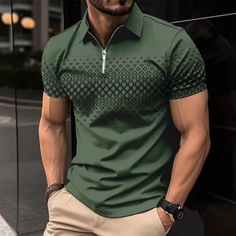 Men lapel half zip short sleeve polo shirt gradient diamond grid print slim fit casual daily golf outdoor top
