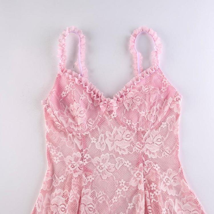 Sexy Lace Suspender Skirt for Women Fashionable Off Shoulder Slimming Mesh Perspective Dress