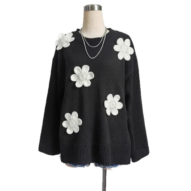 Womens Oversized Knit Sweater With Embroidered Floral Appliqu Beaded Detail V-Neck Long Sleeve Loose Fit Winter Top