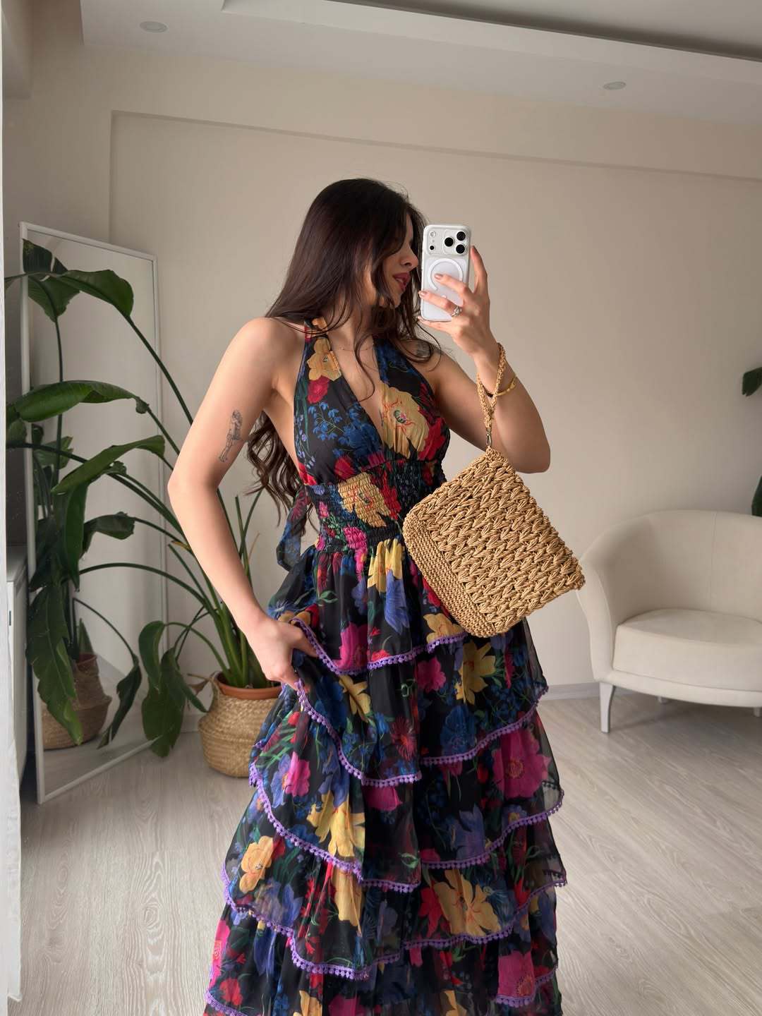 European and American women s 2026 summer new sexy halter V-neck ruffled print high-end floral dress S