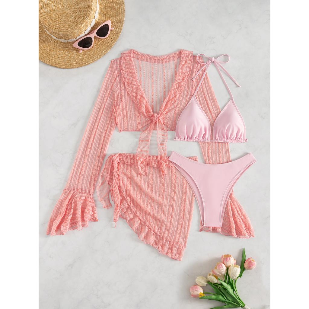 Sexy Four-piece Women Swimsuit Long-sleeve Cover-up Swimwear Summer Solid Bikini Set Brazilian Beachwear Party Bathing Suit