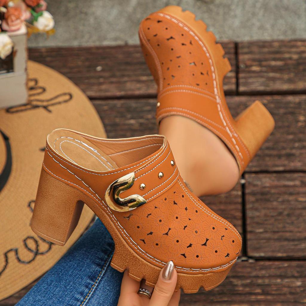 Retro Pastorale Holle Blokhak Mules met Metalen Gesp
