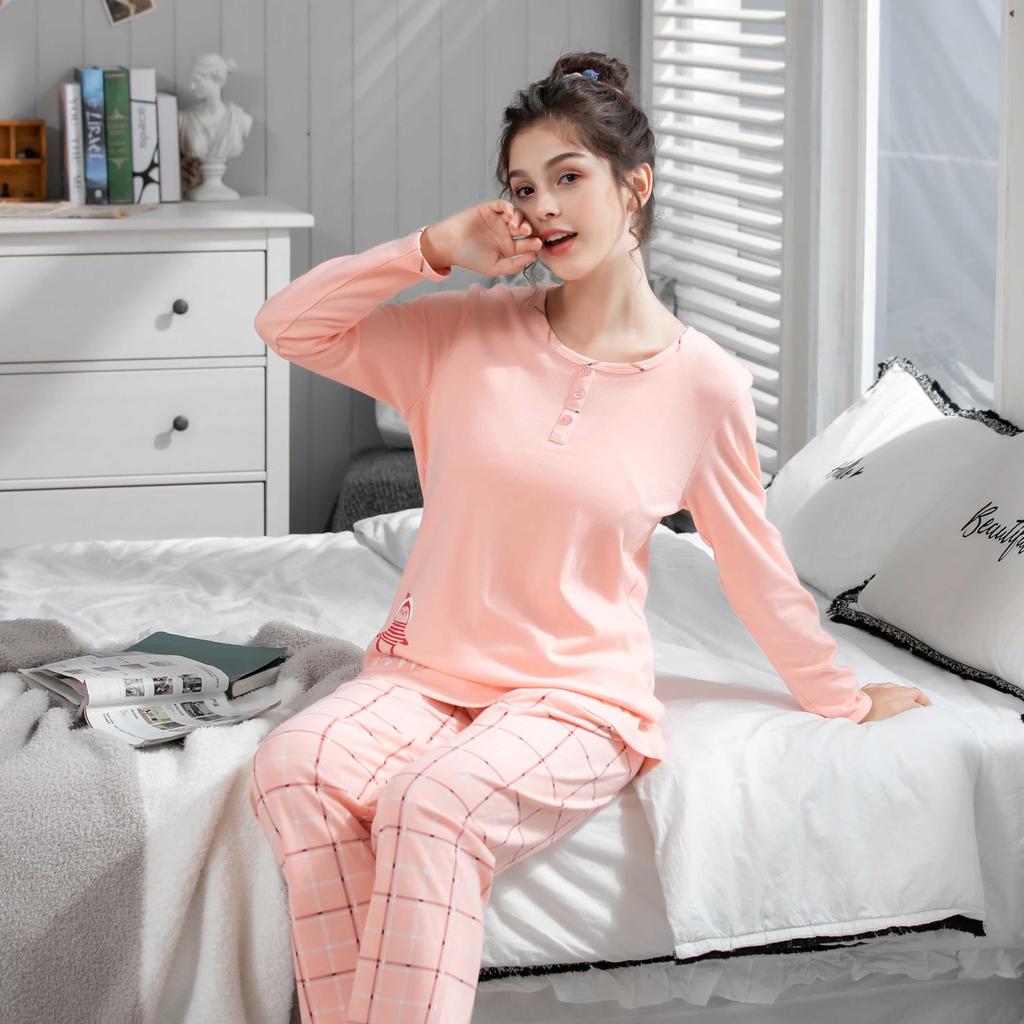 Up2Fantasy Long Sleeve Loungewear Set for Cotton Crew Cute Women's Pajamas, Spring, 100% Neck, Breathable, Soft, Moisture-Wicking, Quick-Drying,