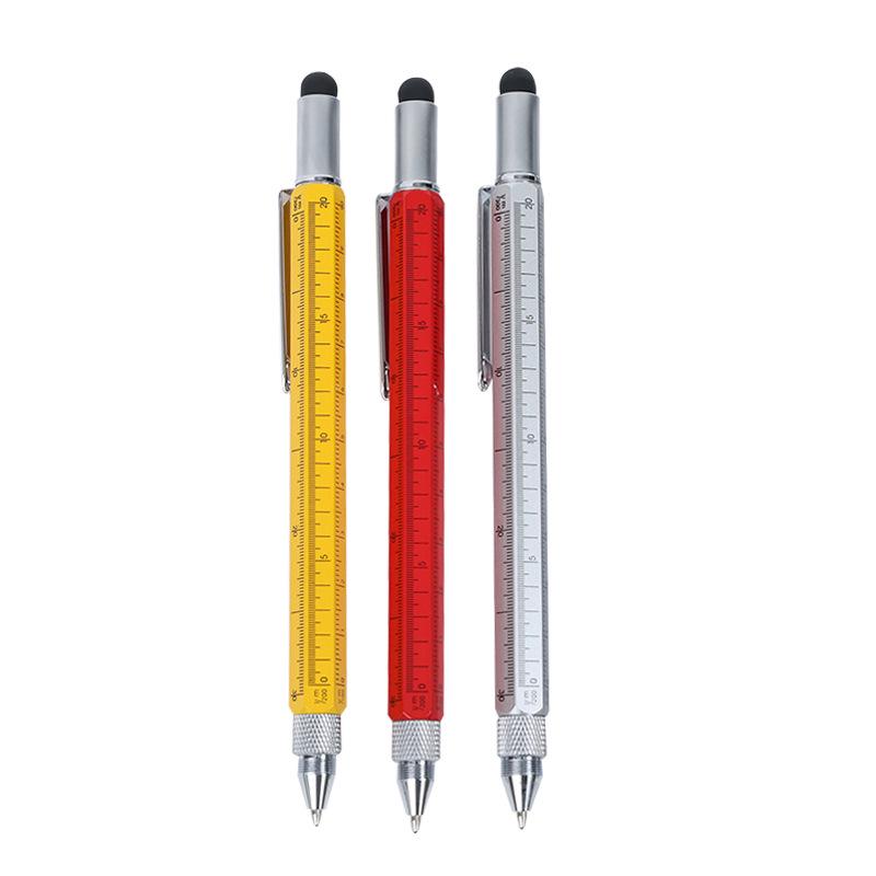 Six-in-One Tool Pen: Capacitive Stylus, Dual-Head Screwdriver, Scale, Level, Metal Ballpoint Pen.