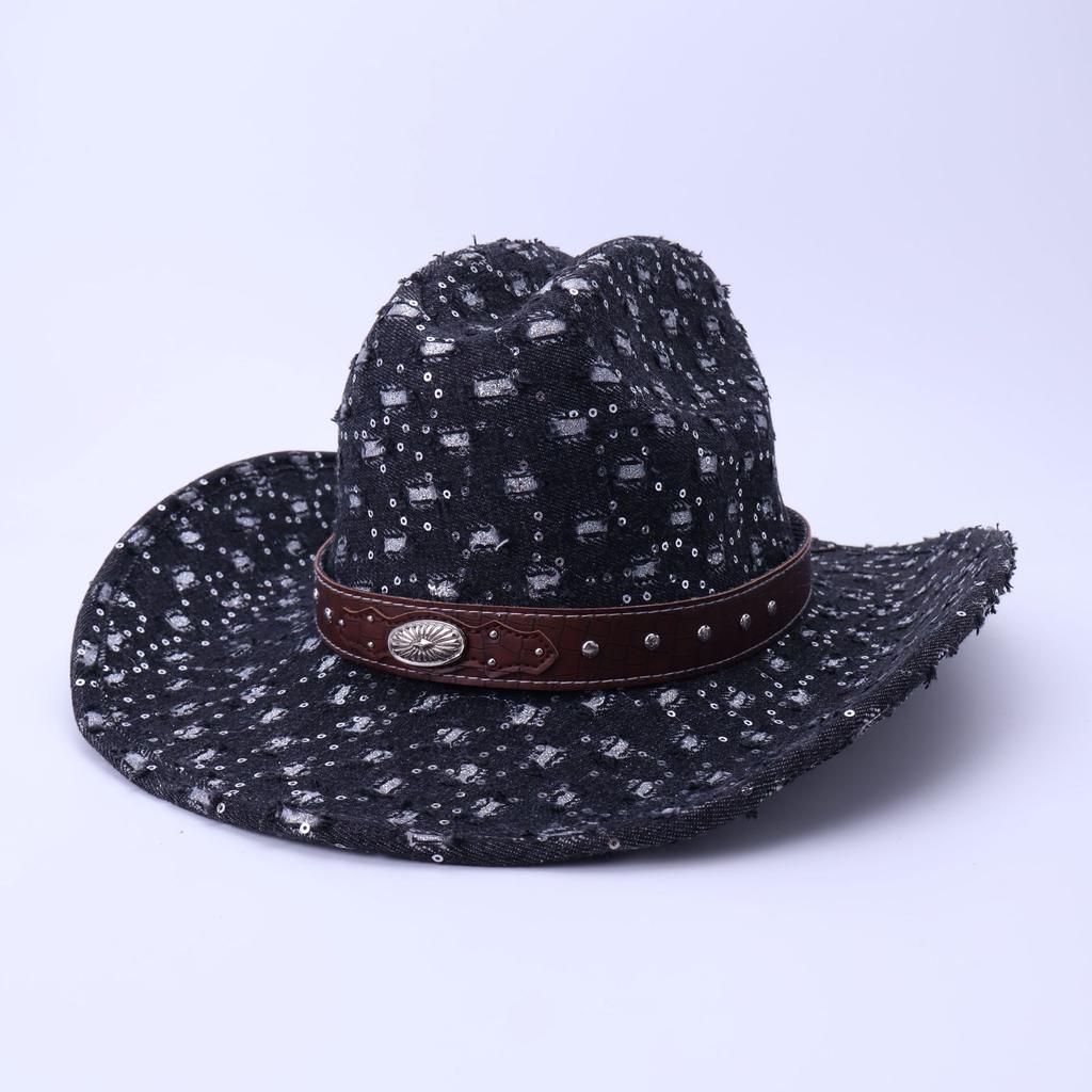 Stylish And High-Quality Old Denim Warped Edge Jazz Hat Can Be Worn In All Seasons, Men'S And Women'S Top Hats, Western Denim Hats