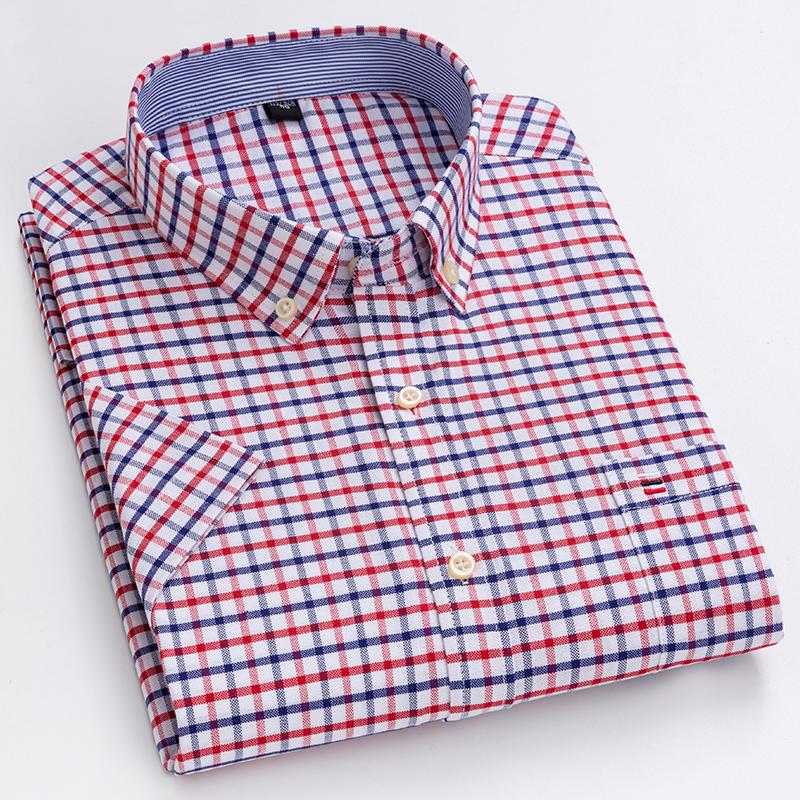 Letnie Nowe Męskie Koszule Oxford Krótki Rękaw 100% Bawełna Kratka Miękkie Regularny Krój Formalna Koszula Elegancka Koszula Społeczna Odzież Męska