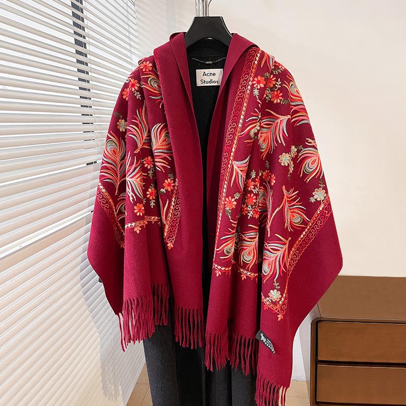 Winter Warm Cashmere Scarf for Women Floral Embroidery Pashmina Blanket Thick Shawl Wrap Neckerchief Elegant Poncho Bufanda